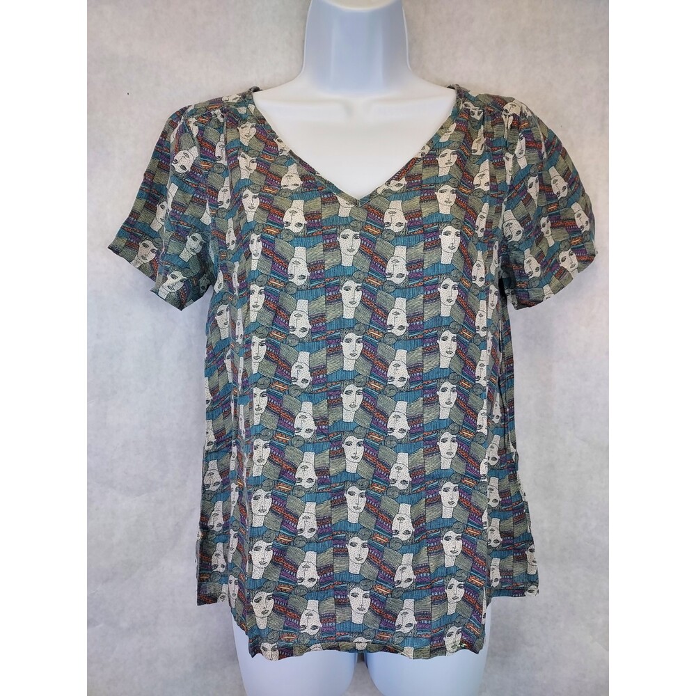 White Stuff Nelly Notch Neck T-Shirt Women's S Blue Face Print Designer Pop Art